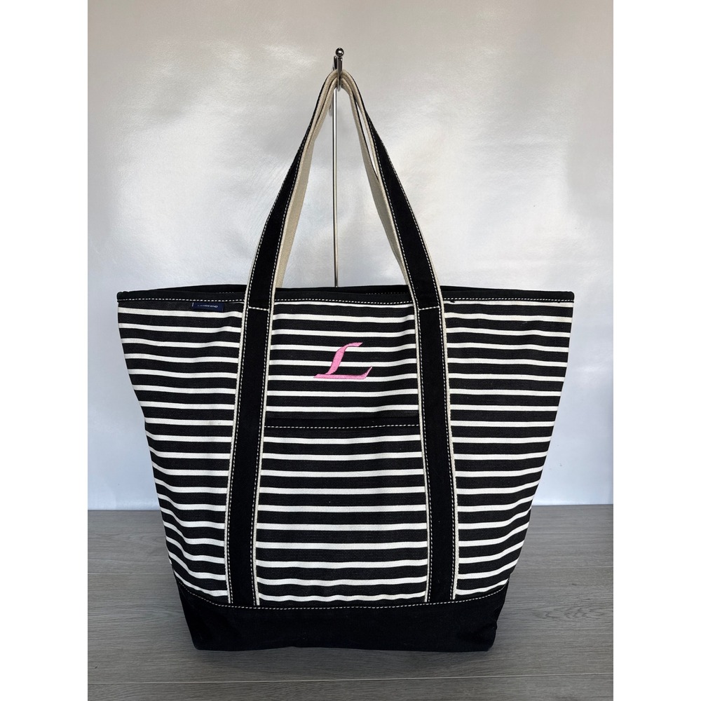 Lands' End XL Canvas Tote Bag Striped‎ Black White Preppy Nautical Coastal